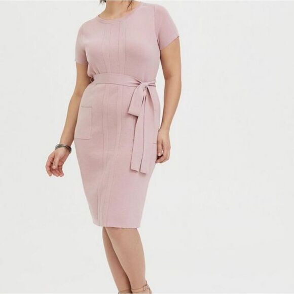 🐢 Torrid Mauve Pink Sweater Knit Self Tie Shift Dress Size 3 - Picture 4 of 17
